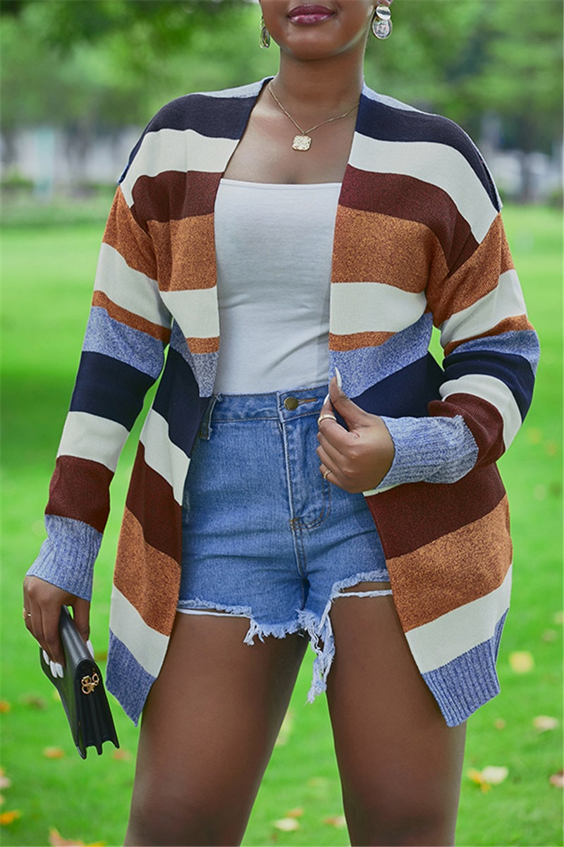 Women Fashion Autumn And Winter Striped Cardigan Coat