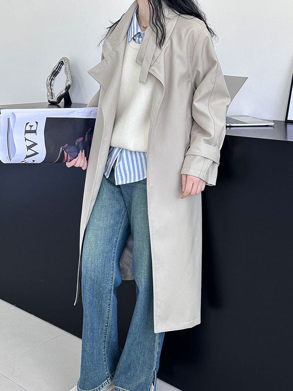 Long Sleeves Loose Buckle Pockets Solid Color Split-Back Tied Waist Lapel Trench Coats