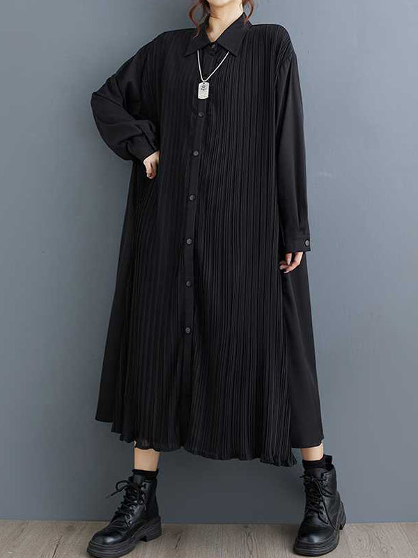 A-Line Long Sleeves Buttoned Pleated Pockets Split-Joint Lapel Midi Dresses Shirt Dress