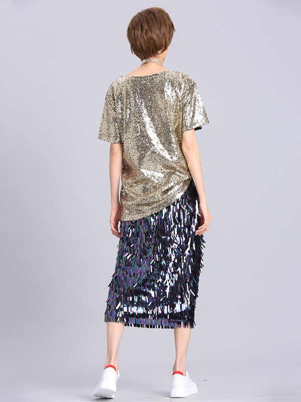 Stylish Round-Neck Sequinned T-Shirt Top