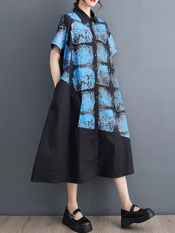 Loose Short Sleeves Abstract Printed Lapel Midi Dresses Shirt Dress