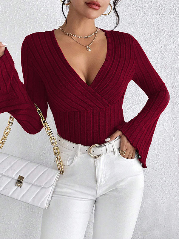 Flared Sleeves Long Sleeves Solid Color Split-Joint Deep V-Neck T-Shirts Tops