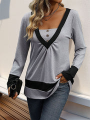 Long Sleeves Loose Buttoned Contrast Color Pleated Split-Joint V-Neck T-Shirts Tops