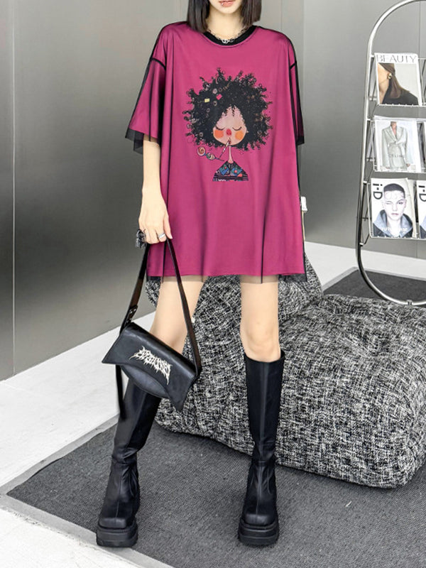 False Two Loose Gauze Printed Split-Joint Tiered Round-Neck T-Shirts Tops