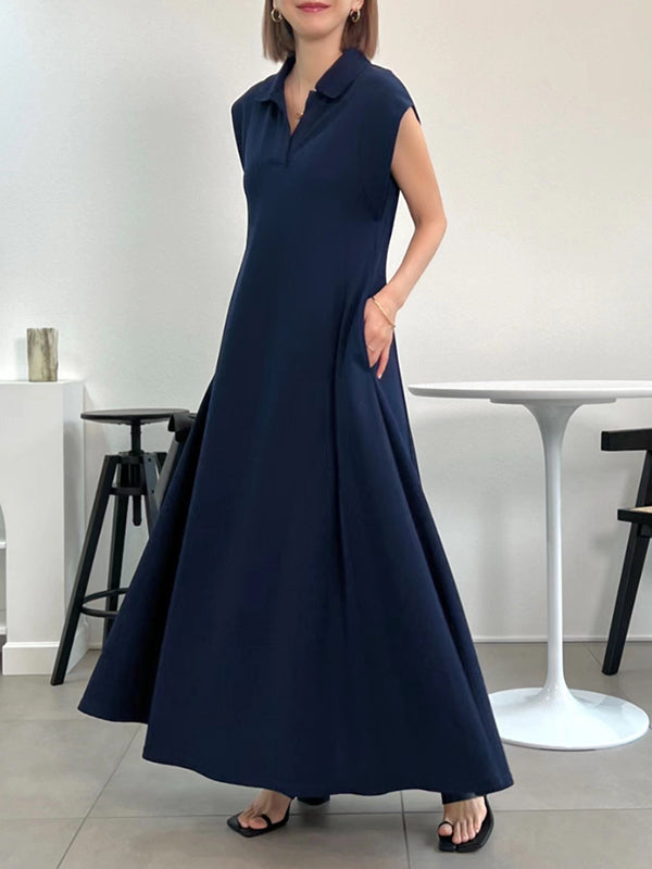 Loose Raglan Sleeve Pleated Solid Color Lapel Maxi Dresses