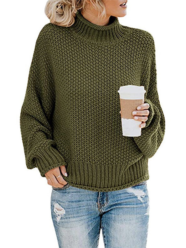 Casual Long Sleeves Solid Color High-Neck Sweater Tops