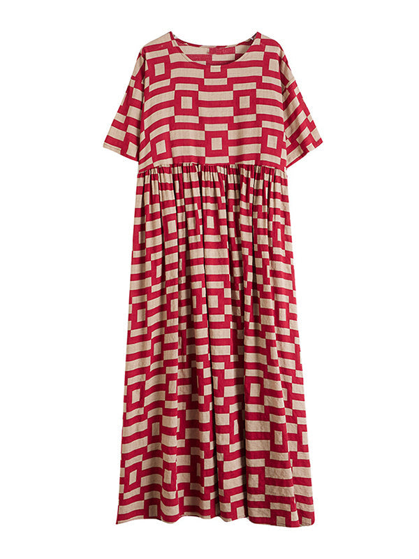 Loose Short Sleeves Plaid Round-Neck Midi Dresses