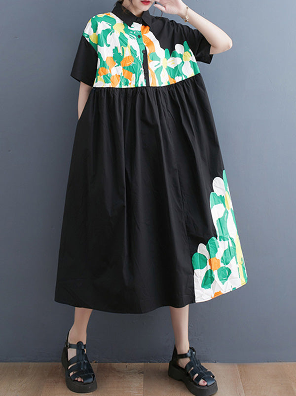 Artistic Retro Loose Short Sleeves Floral Printed Split-Joint Lapel Collar Midi Dresses