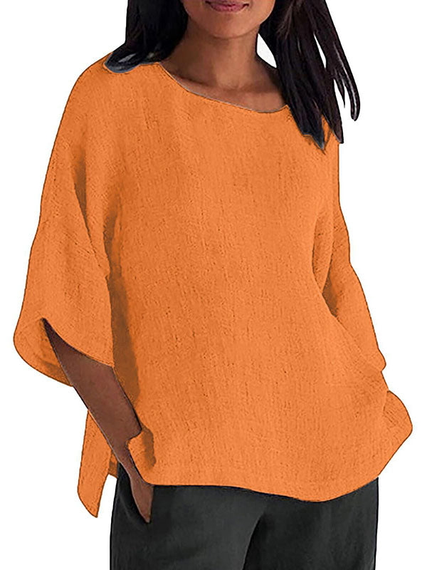 Linen Three-Quarter Sleeves Solid Color Split-Joint Split-Side Round-Neck T-Shirts Tops