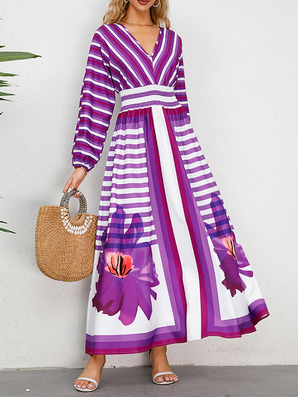 A-Line Long Sleeves Backless Elasticity Flower Print Split-Joint Striped Tied V-Neck Maxi Dresses