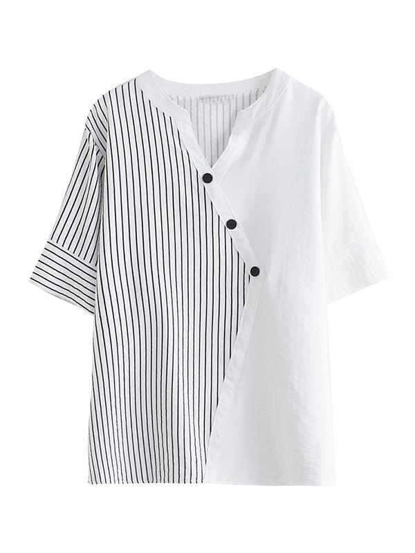 Simple Loose Asymmetric Striped V-Neck Blouse