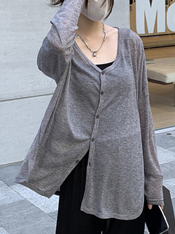 Long Sleeves Loose Buttoned Solid Color Sun Protection V-Neck Cardigan Tops