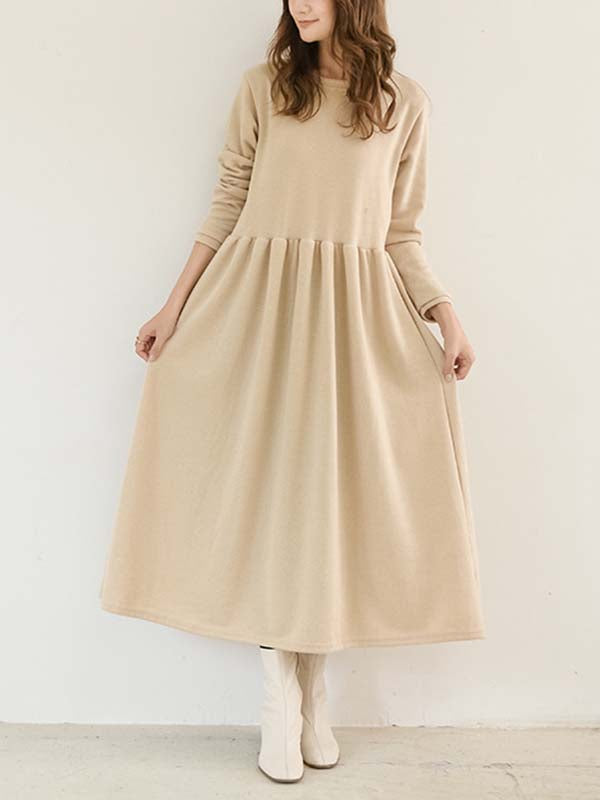 Casual Loose Long Sleeves Solid Color Round-Neck Midi Dresses