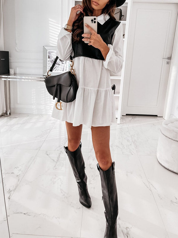 Long Sleeves Loose Contrast Color Pleated Split-Joint Lapel Mini Dresses