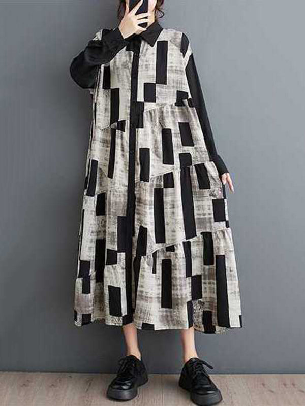 A-Line Long Sleeves Buttoned Printed Split-Joint Lapel Midi Dresses Shirt Dress