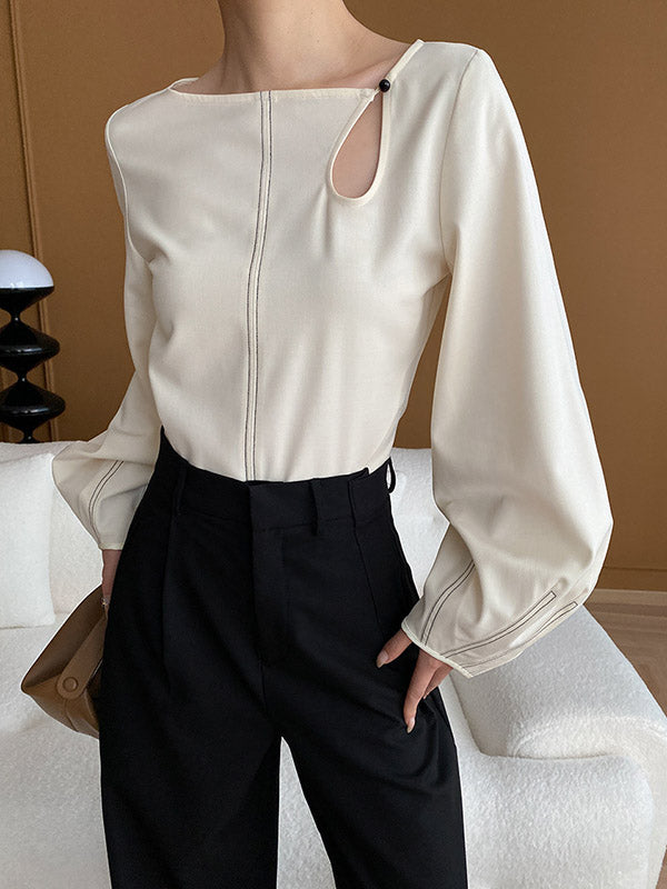 Long Sleeves Loose Asymmetric Belly-Hollow Solid Color Round-Neck Blouses&Shirts Tops