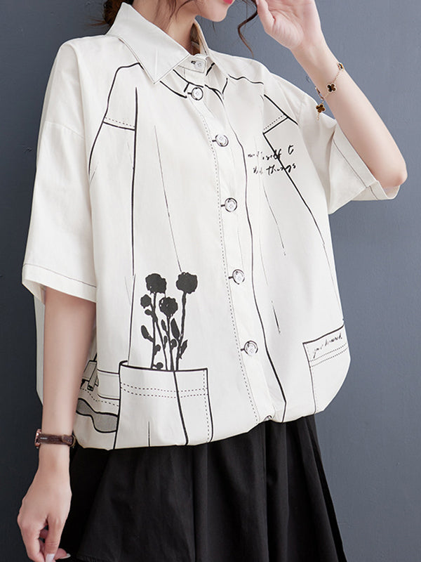 Loose Short Sleeves Contrast Color Printed Split-Joint Lapel Blouses