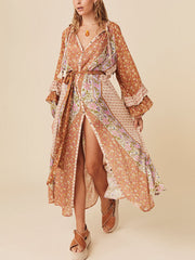 Unique Bohemian Print Long Sleeve Robe Midi Dress