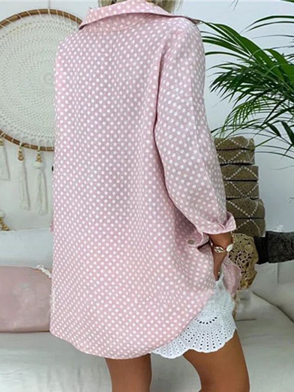 Long Sleeves Loose Buttoned Polka-Dot Lapel Blouses&Shirts Tops