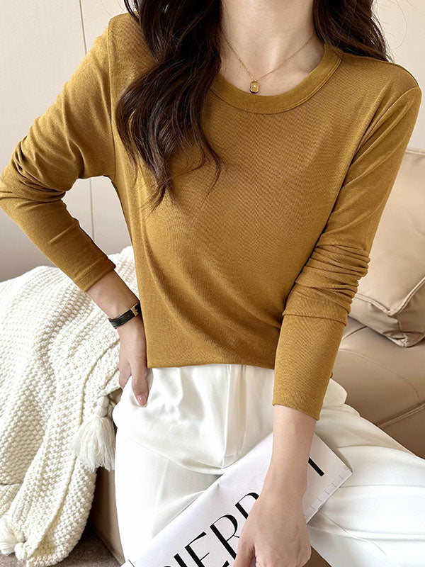 Long Sleeves Solid Color Round-Neck Skinny T-Shirts Tops