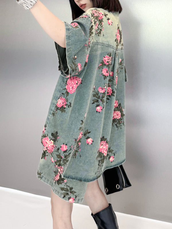 High-Low Loose Floral Printed Split-Joint Lapel Blouses&Shirts Tops