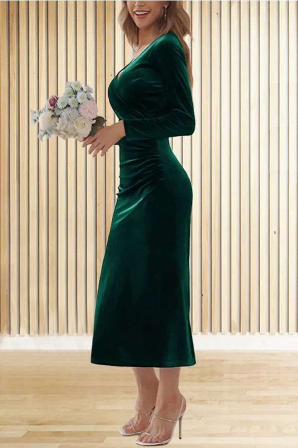 Solid Velvet Long Sleeve V Neck Slim Fit Fishtail Maxi Dress