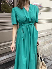 Loose Short Sleeves Drawstring Pleated Solid Color Split-Joint Tied Waist V-Neck Midi Dresses Shirt Dress