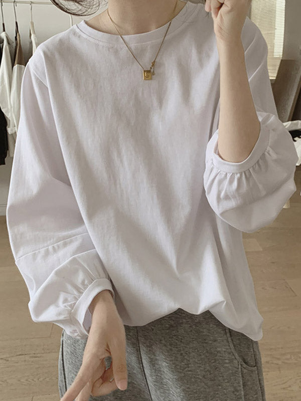 Long Sleeves Loose Pleated Solid Color Round-Neck T-Shirts Tops