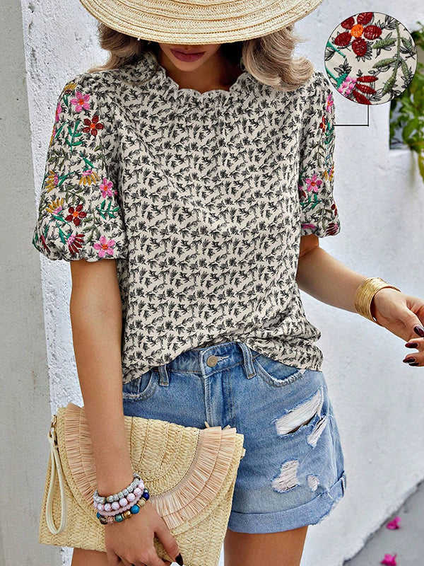 Loose Short Sleeves Elasticity Embroidered Flower Print Pleated Split-Joint Mock Neck T-Shirts Tops