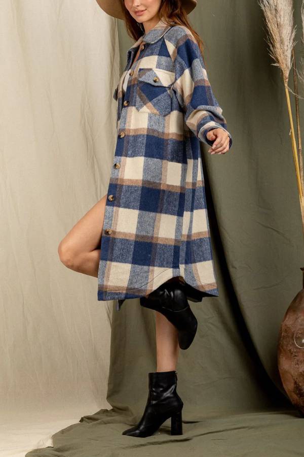 Plaid print drop shoulder overcoat