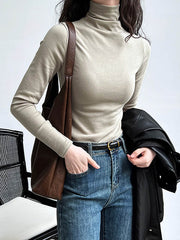 Long Sleeves Skinny Solid Color Split-Joint High Neck T-Shirts