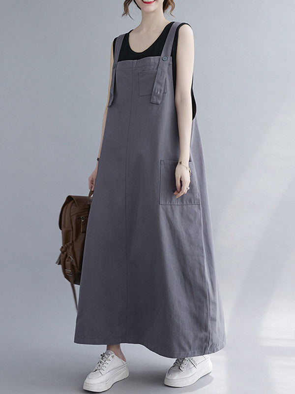 Casual Solid Color With Pocket Suspender Dress