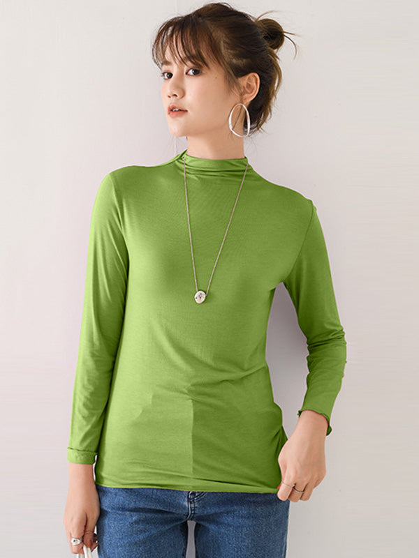 10 Colors Simple Solid Color Long Sleeves High-Neck T-Shirt Top