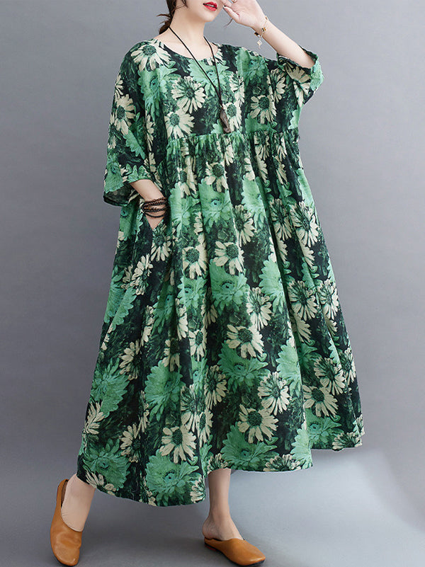 Loose Raglan Sleeve Floral Printed Pleated Split-Joint Round-Neck Midi Dresses