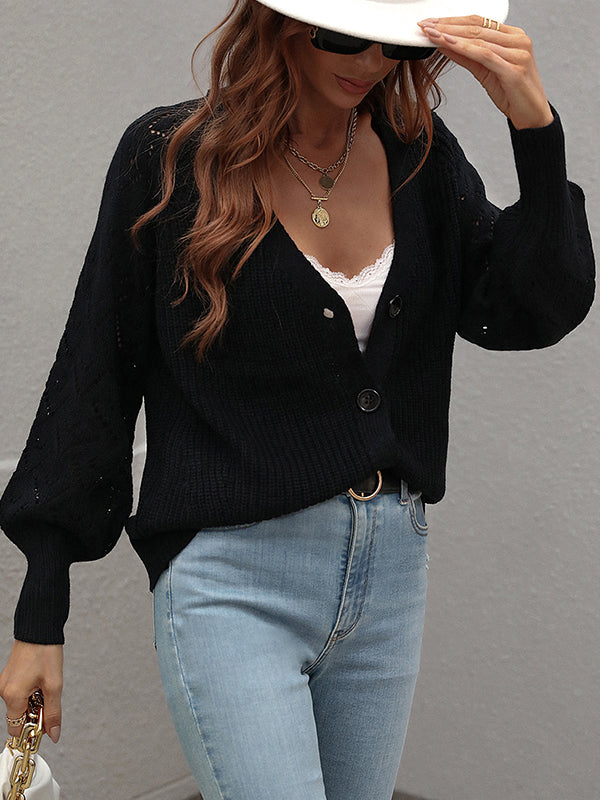 Casual Long Sleeves Loose Solid Color V-Neck Cardigan Tops