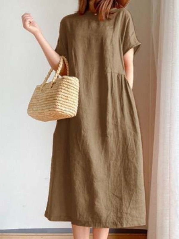 Casual Loose Solid Color Round-Neck Midi Dresses