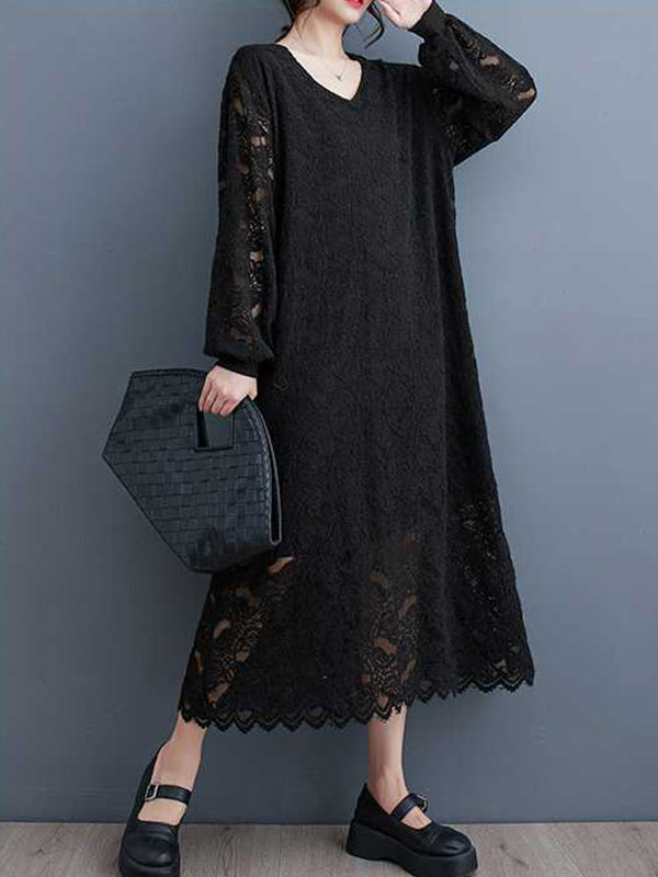 Bishop Sleeve Long Sleeves Jacquard V-Neck Midi Dresses