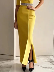 Bodycon Half Sleeves No Belt Solid Color Split-Joint Split-Side Square-Neck Maxi Dresses