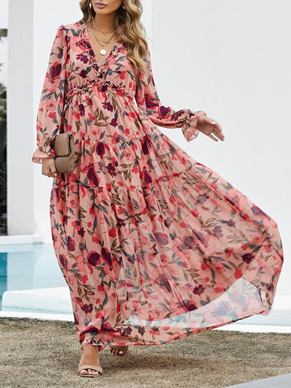 High Waisted Long Sleeves Flower Print Pleated Ruffled V-Neck Maxi Dresses