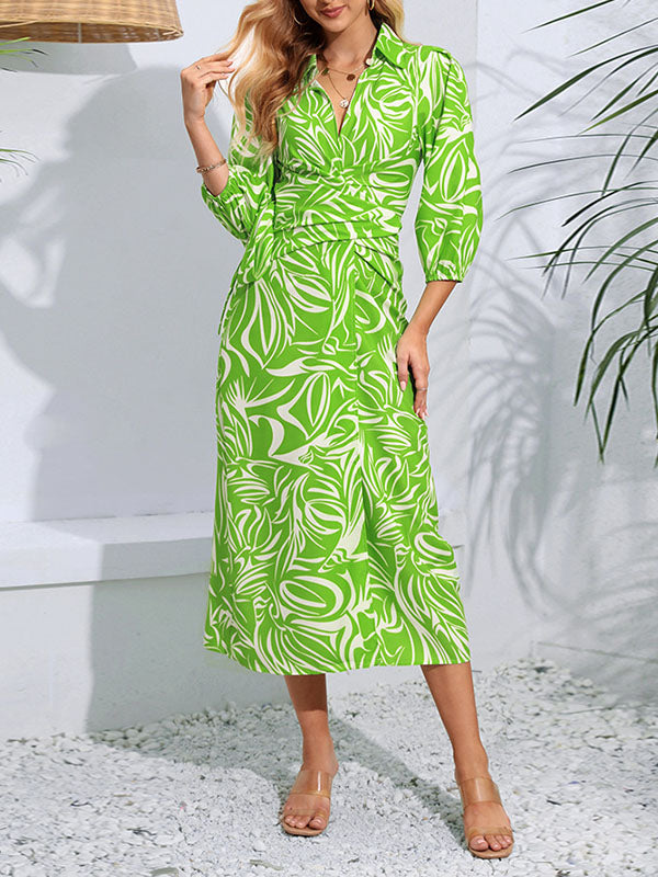 A-Line High Waisted Elasticity Printed Tied Waist Lapel Midi Dresses Shirt Dress