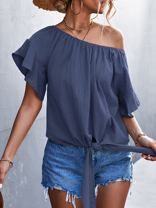 Loose Short Sleeves Elasticity Falbala Pleated Solid Color Tied Round-Neck T-Shirts Tops