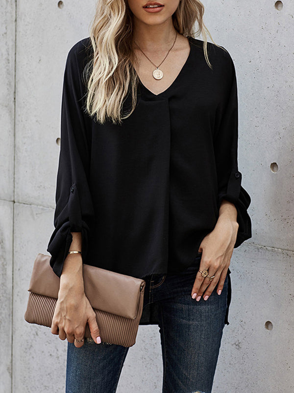 High-Low Loose Buttoned Solid Color V-Neck T-Shirts Tops