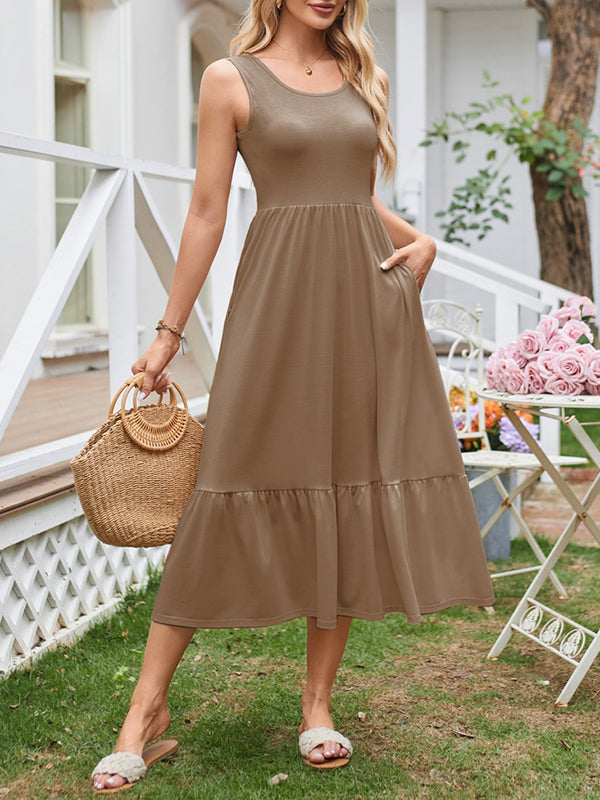 A-Line Loose Pleated Pockets Solid Color Split-Joint Round-Neck Midi Dresses