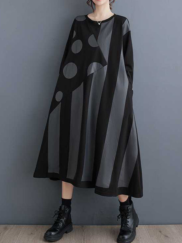 A-Line Long Sleeves Asymmetric Polka-Dot Split-Joint Striped Round-Neck Midi Dresses