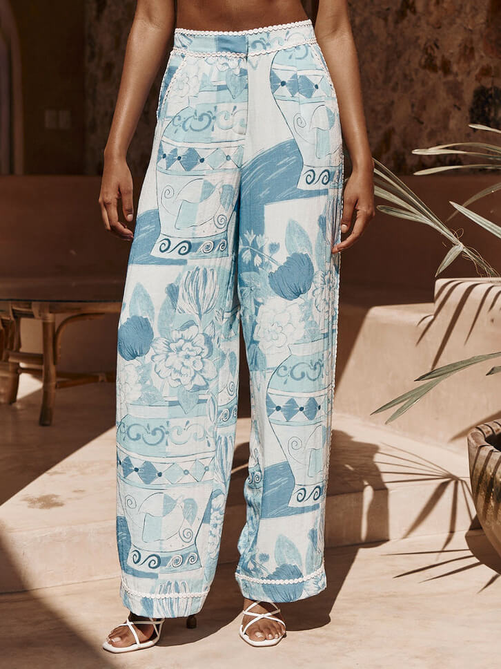 Unique graffiti art print pocket loose wide leg pants