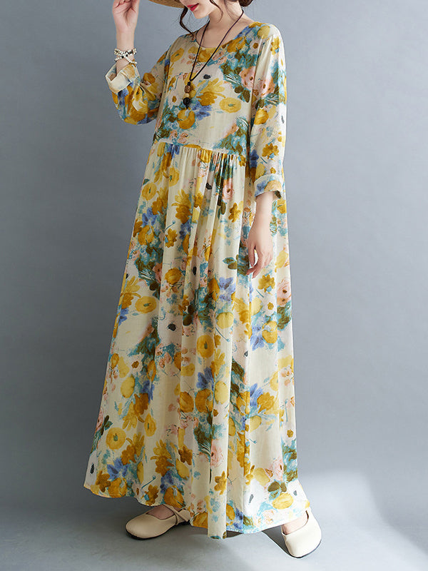 Long Sleeves Loose Flower Print Split-Joint Round-Neck Midi Dresses