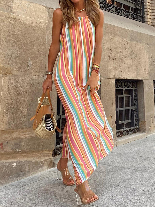 Irregular Clipping Loose Striped Spaghetti-Neck Maxi Dresses