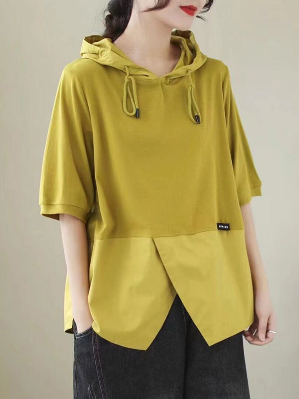 Loose Short Sleeves Drawstring Split-Joint Hooded T-Shirts