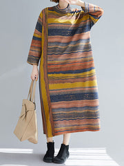 A-Line Long Sleeves Asymmetric Striped High Neck Midi Dresses