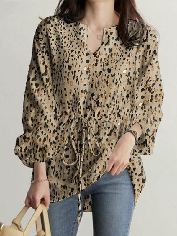 Long Sleeves Loose Drawstring Elasticity Leopard Tied V-Neck Blouses&Shirts Tops